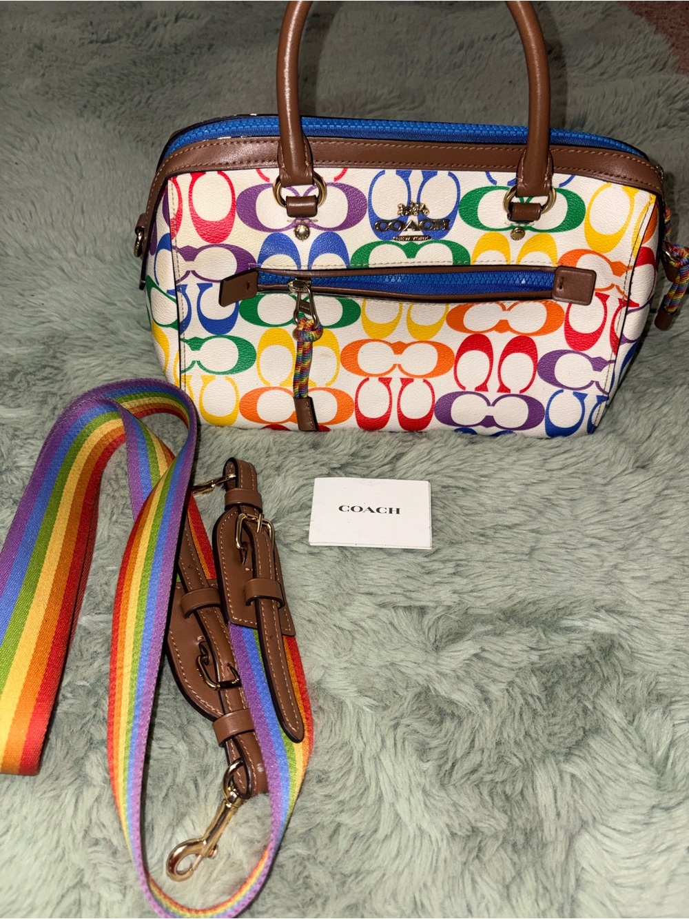 Coach Multicolor Signature Rainbow Satchel with Brown Trim